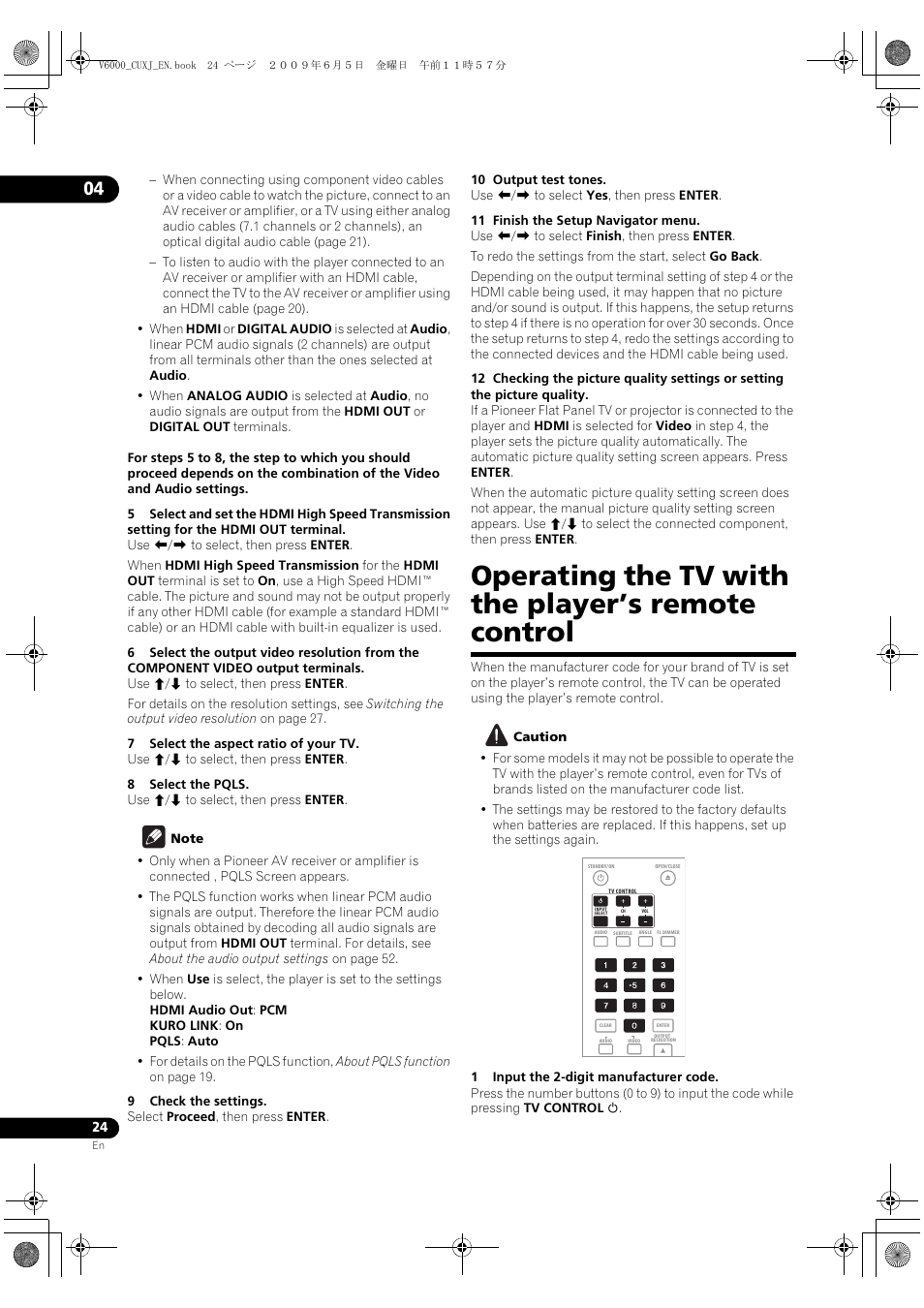 Perating the tv with the player’s remote control, Operating the tv with the player’s remote control | Pioneer BDP-V6000 User Manual | Page 24 / 76