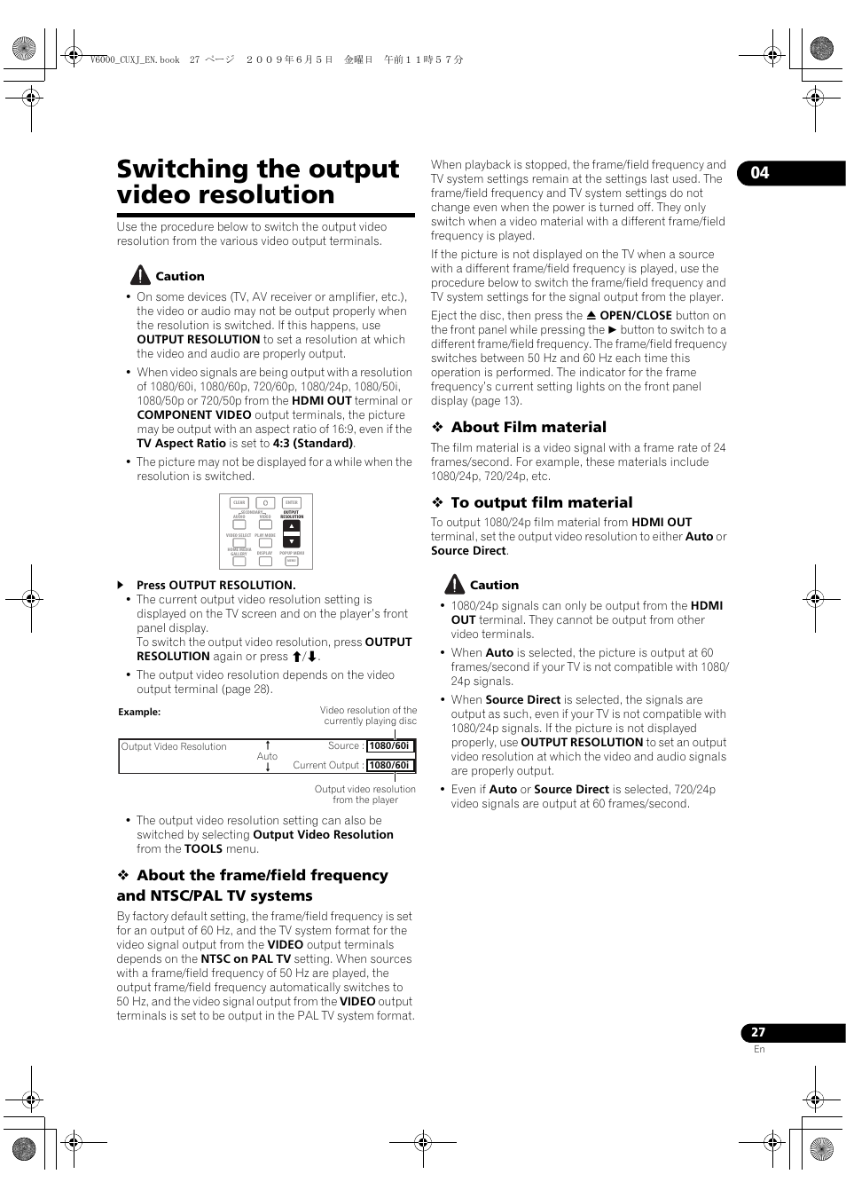 Switching the out, Put video resolution, Switching the output video resolution | About film material | Pioneer BDP-V6000 User Manual | Page 27 / 76