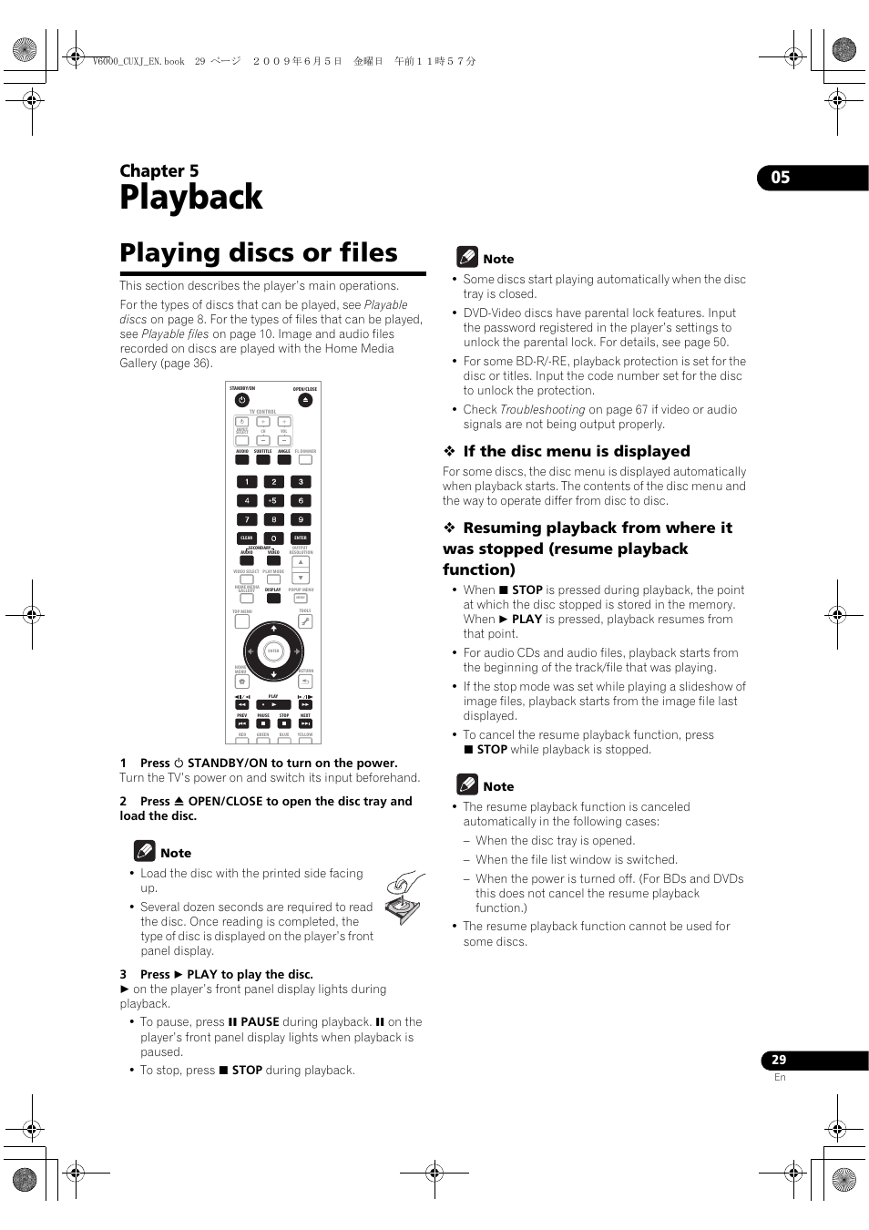 Playing discs o, R files, Playback | Playing discs or files, 05 chapter 5, If the disc menu is displayed | Pioneer BDP-V6000 User Manual | Page 29 / 76