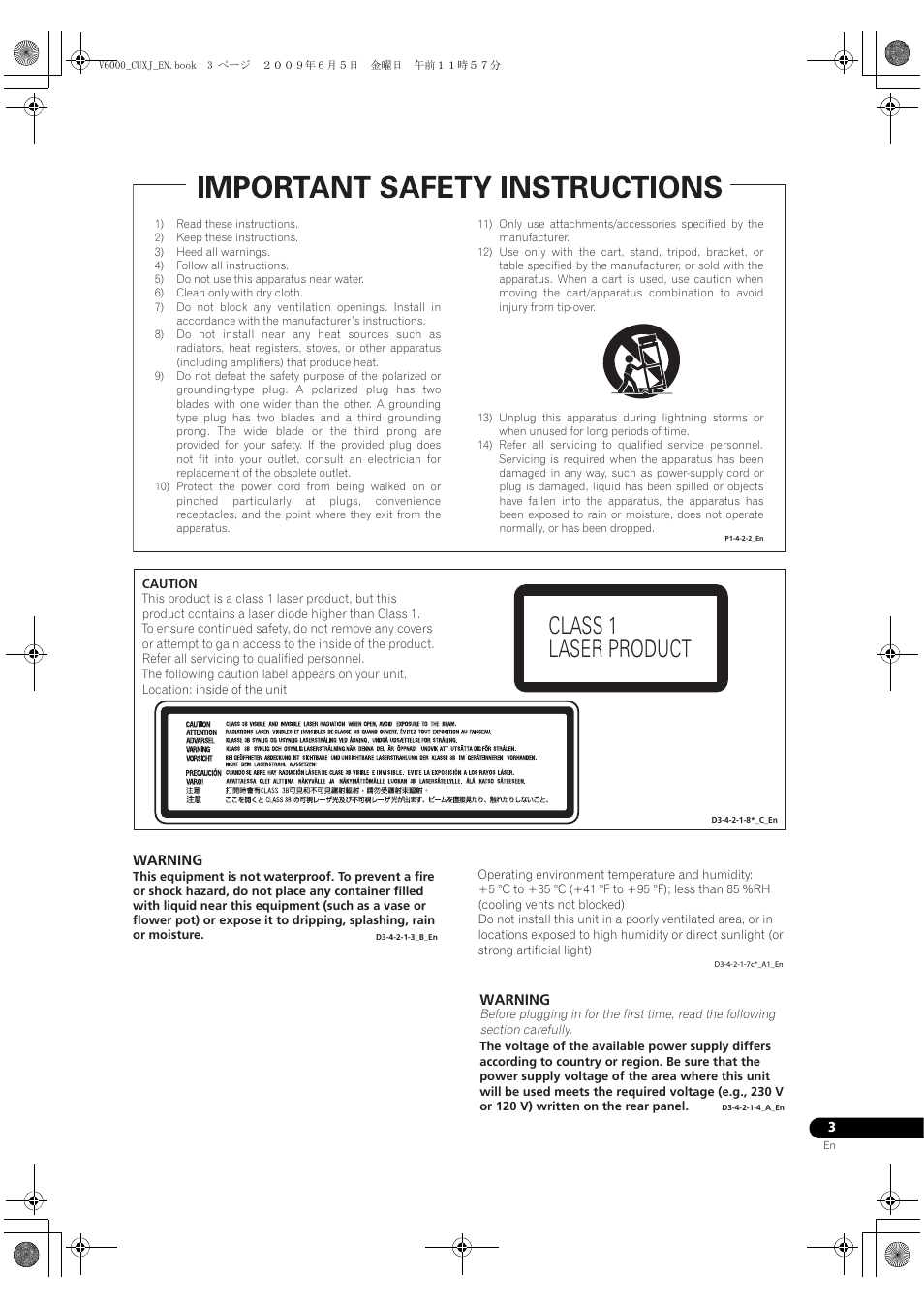 Class 1 laser product | Pioneer BDP-V6000 User Manual | Page 3 / 76