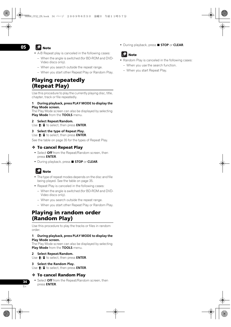 Playing, Repeatedly (repeat play), Playing in | Random order (random play), Playing repeatedly (repeat play), Playing in random order (random play) | Pioneer BDP-V6000 User Manual | Page 34 / 76