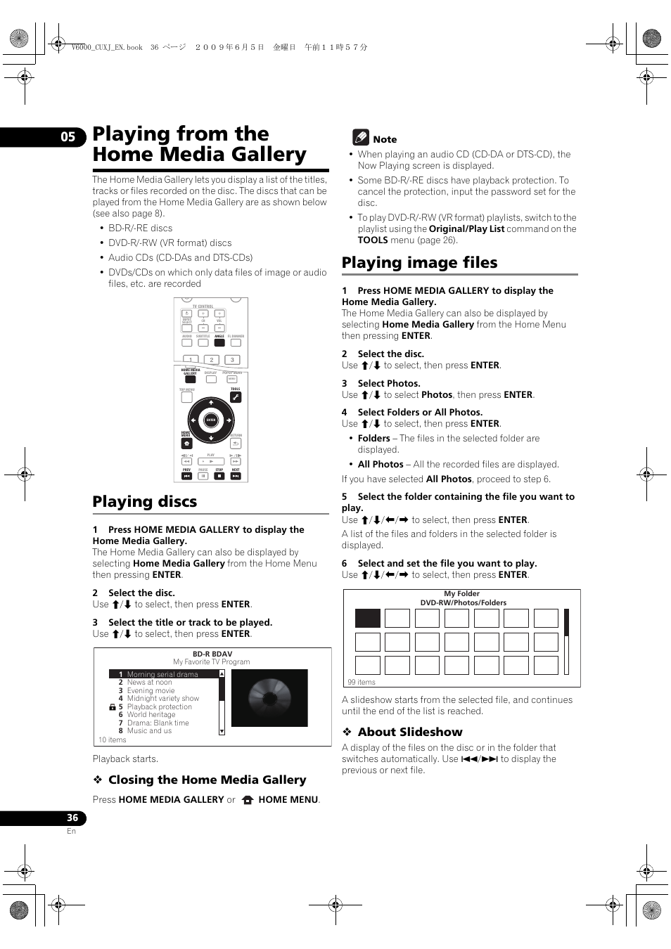 Playing f, Rom the home media gallery, Playing discs playing image files | Playing from the home media gallery, Playing discs, Playing image files, Closing the home media gallery, About slideshow | Pioneer BDP-V6000 User Manual | Page 36 / 76