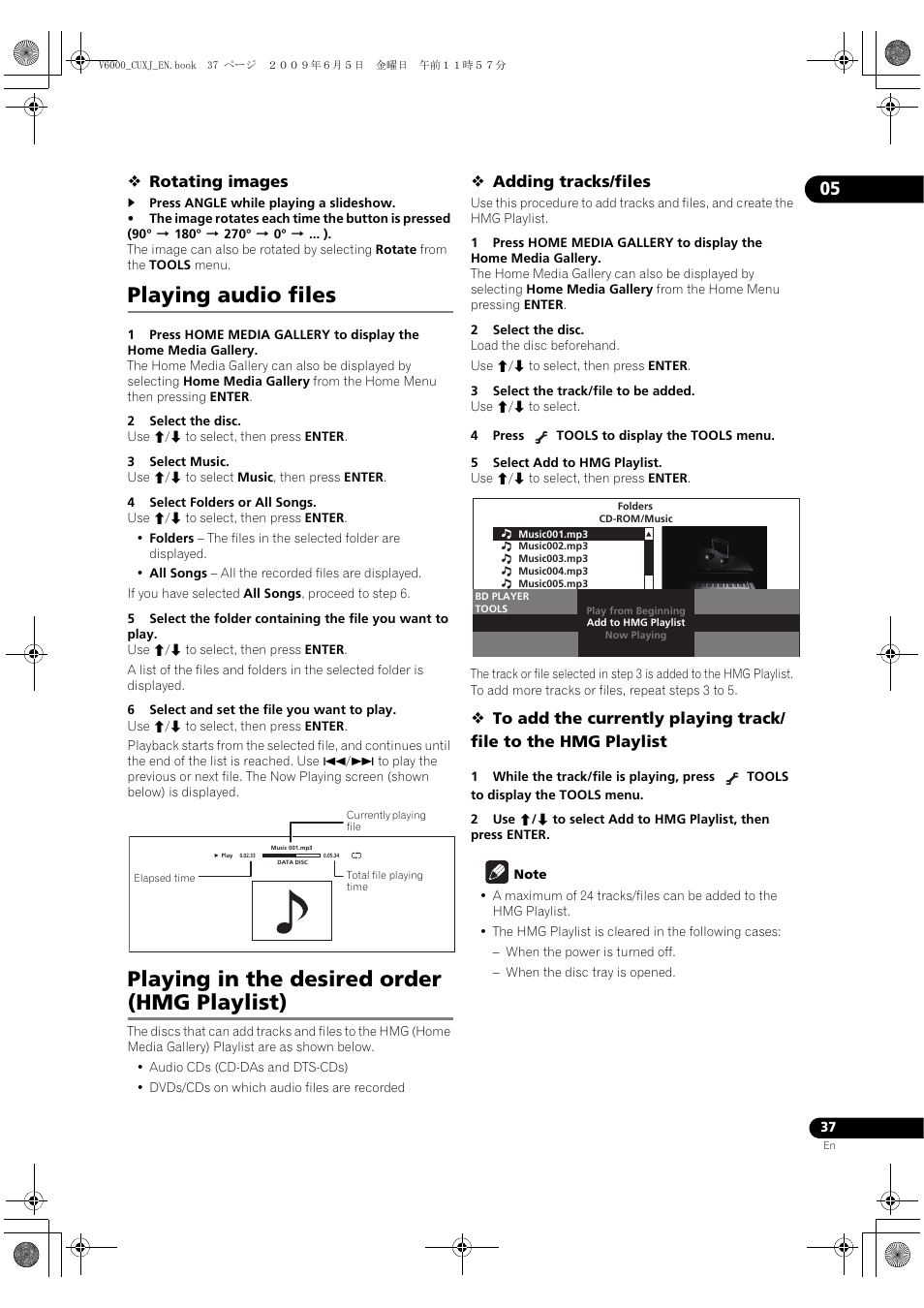 Playing audio files playing in the desi, Red order (hmg playlist), Playing audio files | Playing in the desired order (hmg playlist) | Pioneer BDP-V6000 User Manual | Page 37 / 76