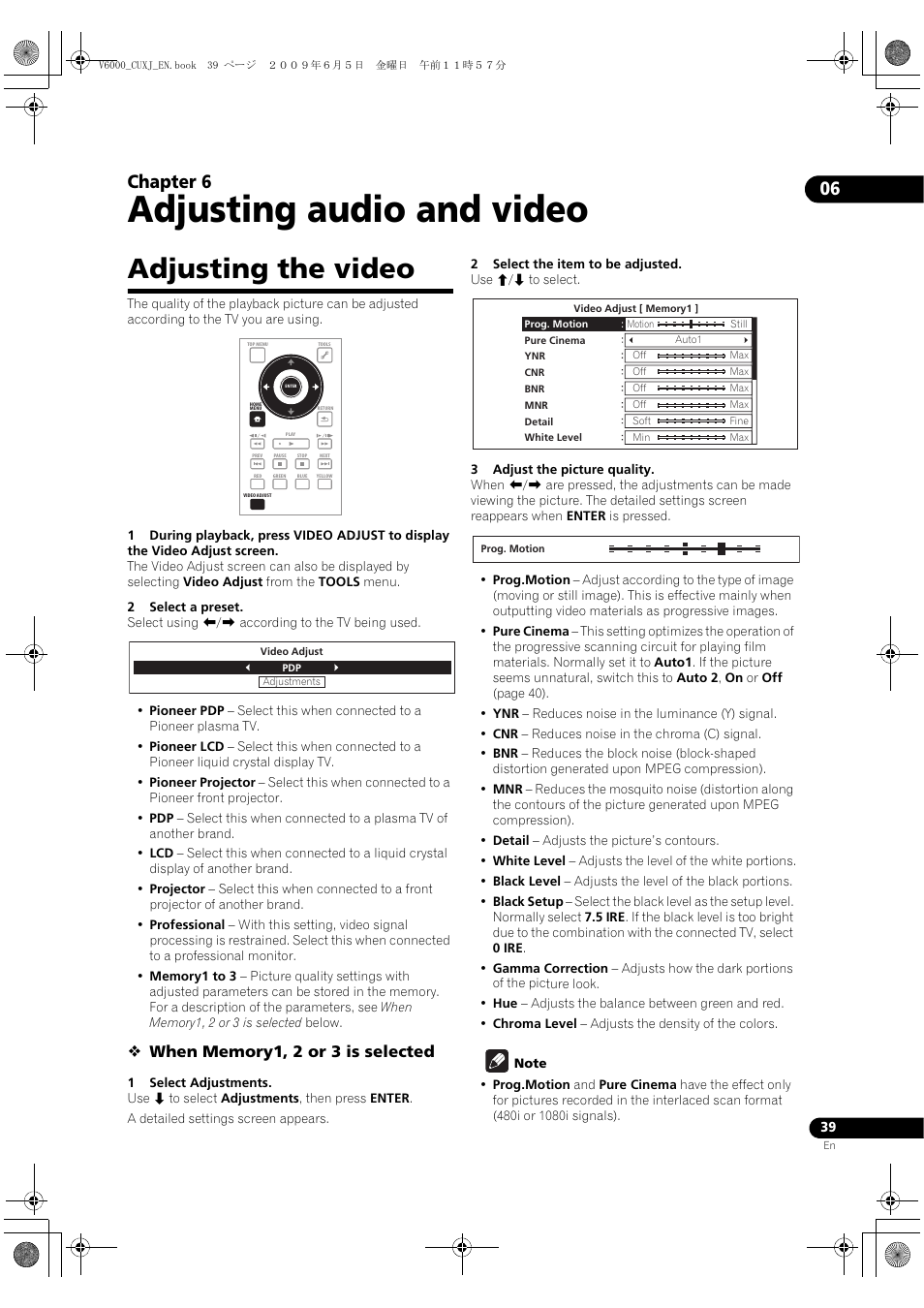 Adjusting the video, Adjusting audio and video, 06 chapter 6 | Pioneer BDP-V6000 User Manual | Page 39 / 76