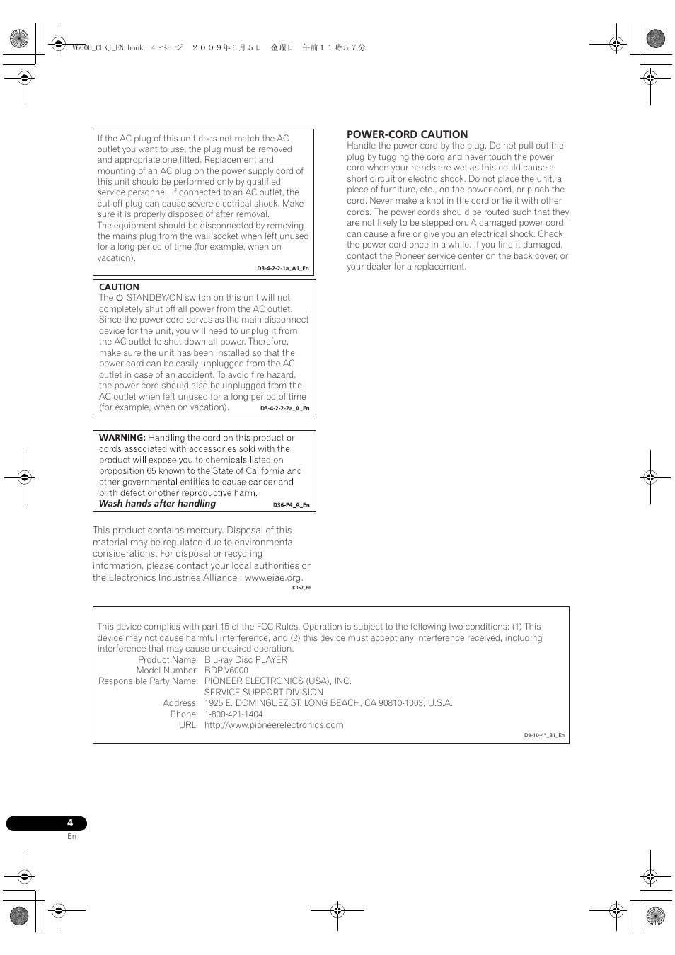 Power-cord caution | Pioneer BDP-V6000 User Manual | Page 4 / 76
