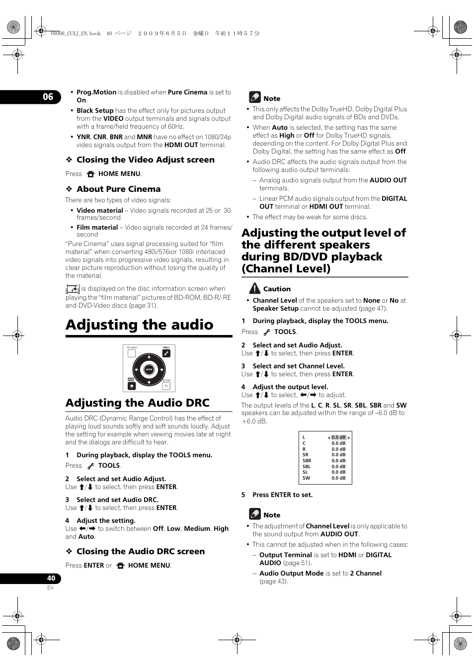 Adjusting the audio, Adjusting the audio drc adjusting the out, Put level of the different speakers | Ring bd/dvd playback (channel level), Adjusting the audio drc | Pioneer BDP-V6000 User Manual | Page 40 / 76
