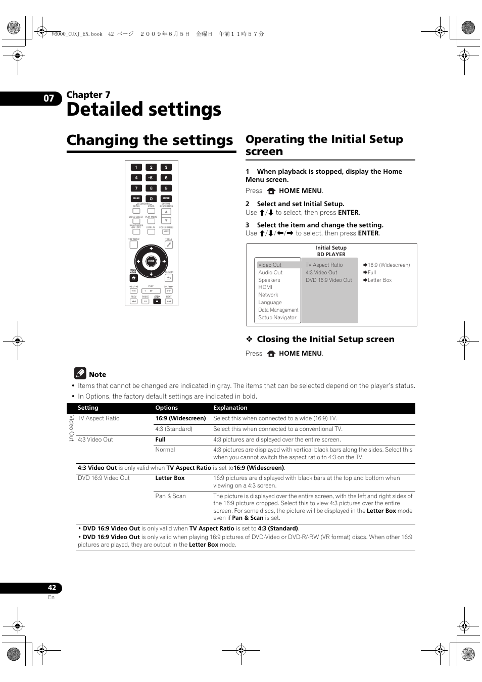 Changing the settings, Perating the initial setup screen, Detailed settings | Operating the initial setup screen, Chapter 7, Closing the initial setup screen | Pioneer BDP-V6000 User Manual | Page 42 / 76