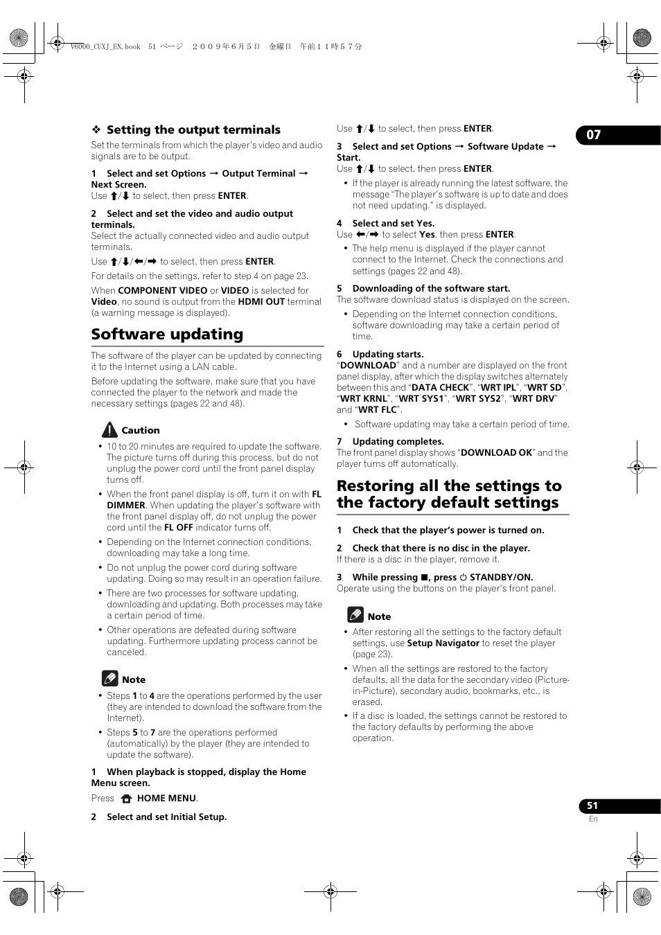 Softwa, Re updating, Resto | Ring all the settings to the factory default, Settings, Software updating | Pioneer BDP-V6000 User Manual | Page 51 / 76