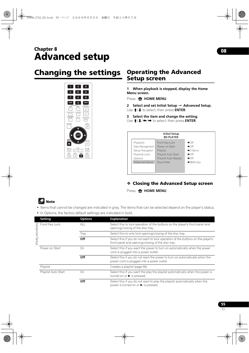 Changing the settings, Perating the advanced setup screen, Advanced setup | Operating the advanced setup screen, 08 chapter 8, Closing the advanced setup screen | Pioneer BDP-V6000 User Manual | Page 55 / 76