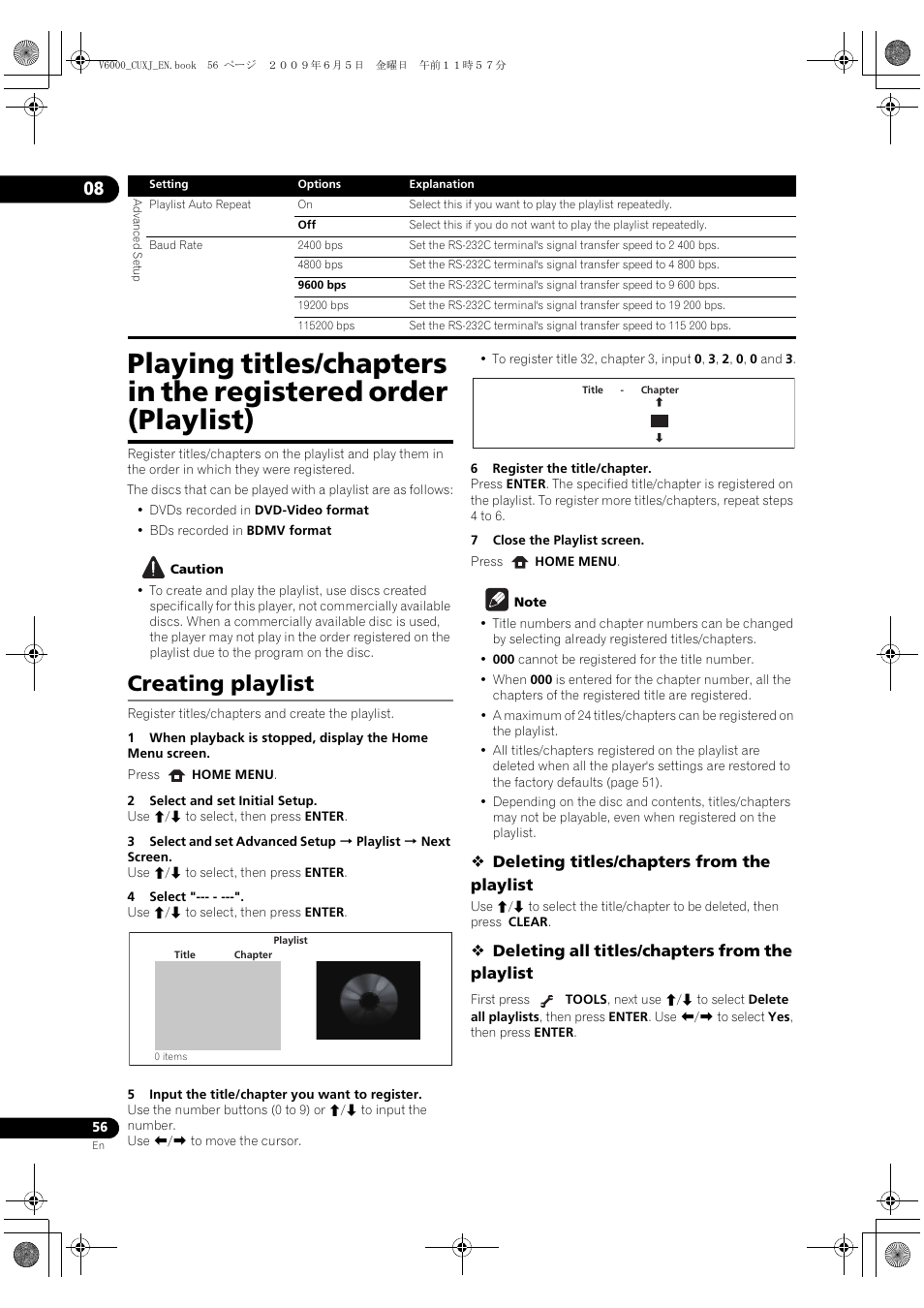 Playing titles/cha, Pters in the registered order, Playlist) | Reating playlist, Creating playlist | Pioneer BDP-V6000 User Manual | Page 56 / 76