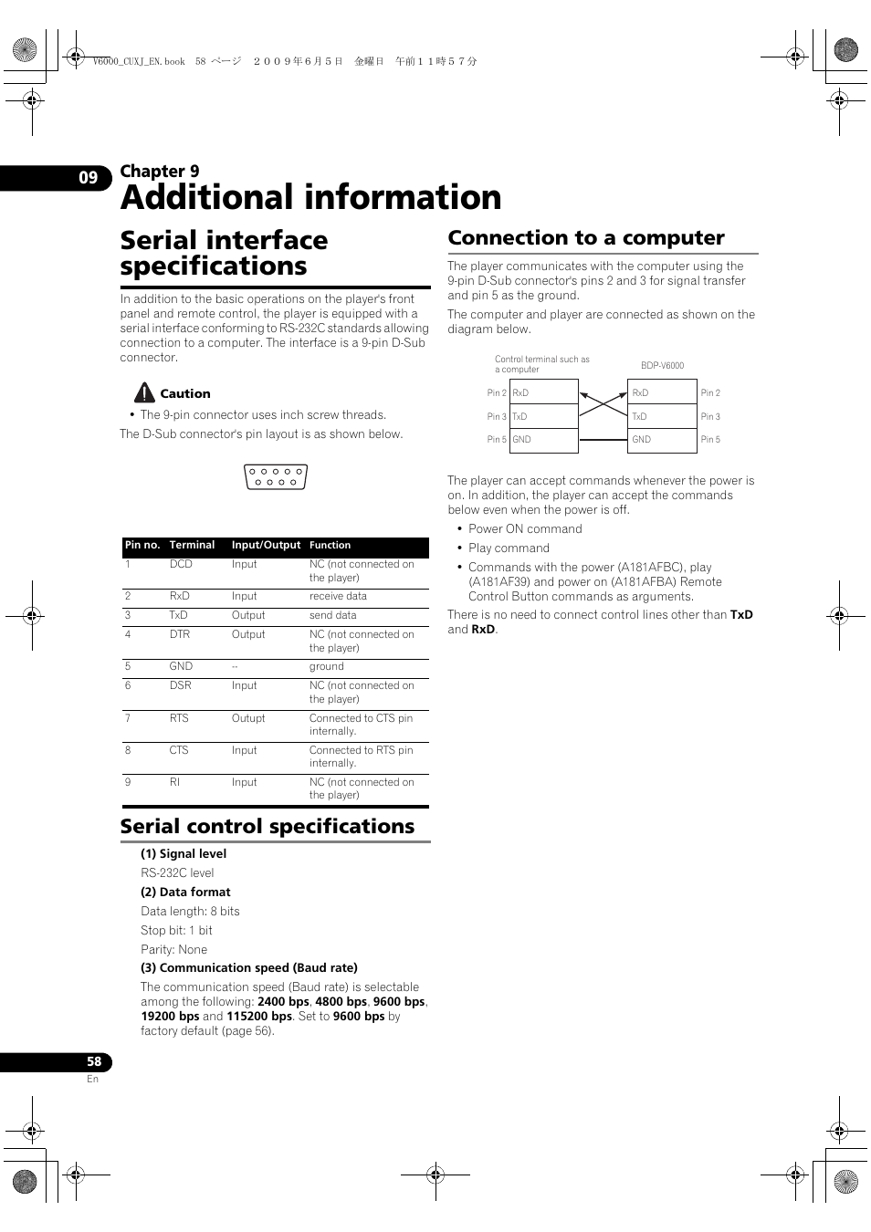 Rial interface specifications, Rial control specifications, Connection to a com | Puter, Additional information, Serial interface specifications, Serial control specifications, Connection to a computer, Chapter 9 | Pioneer BDP-V6000 User Manual | Page 58 / 76