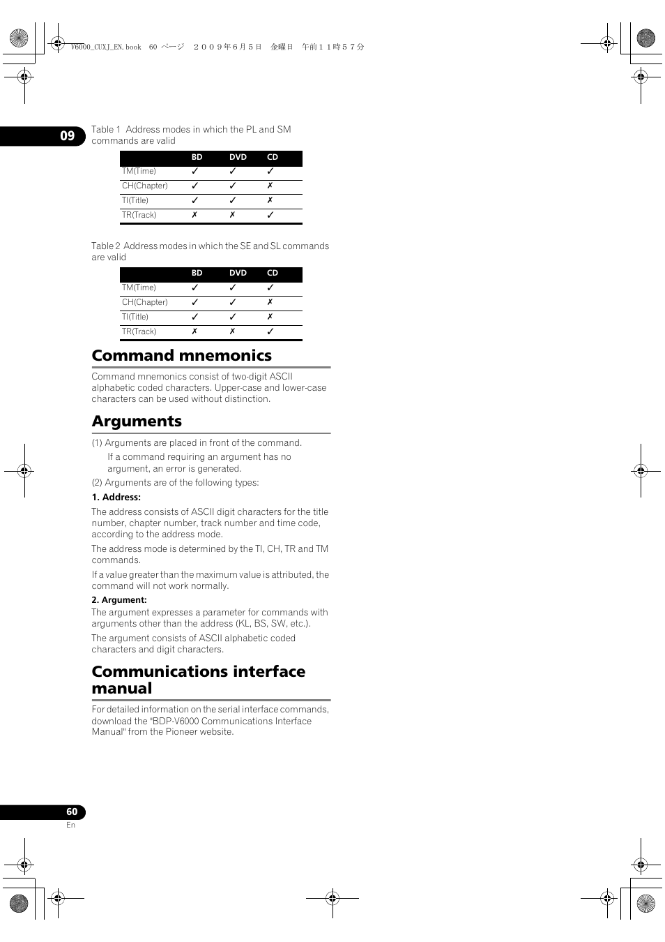 Command mnemonics a, Rguments, Communications inte | Rface manual, Command mnemonics, Arguments, Communications interface manual | Pioneer BDP-V6000 User Manual | Page 60 / 76