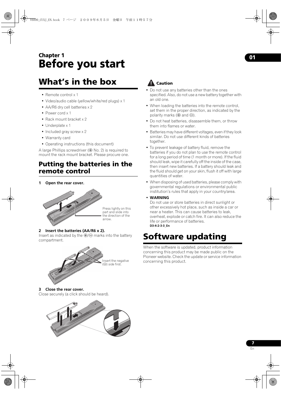 What’s in the box, Putting the batte, Ries in the remote control | Softwa, Re updating, Before you start, Software updating, Putting the batteries in the remote control, 01 chapter 1 | Pioneer BDP-V6000 User Manual | Page 7 / 76