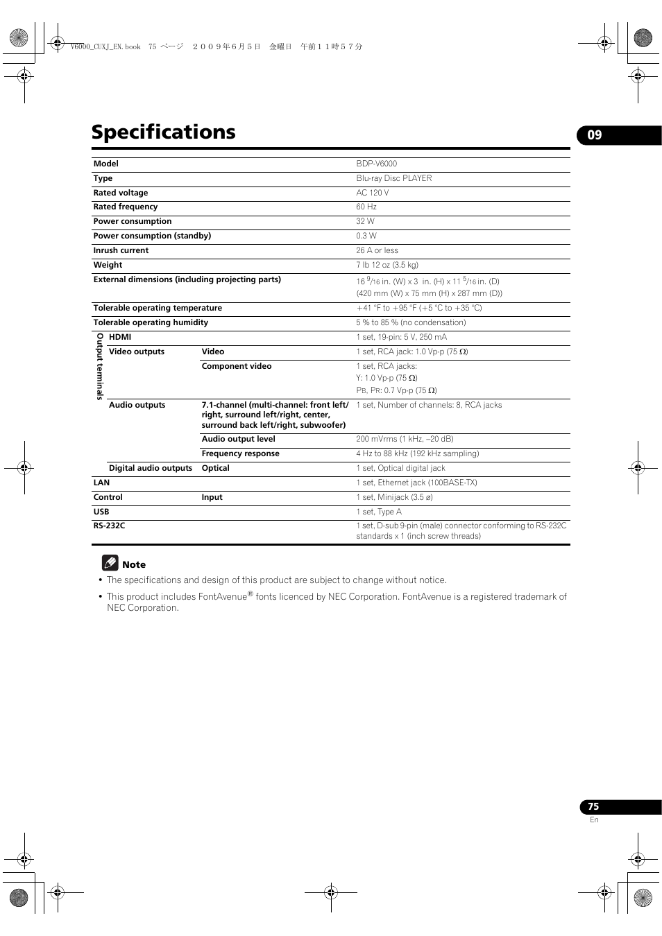 Pecifications, Specifications | Pioneer BDP-V6000 User Manual | Page 75 / 76