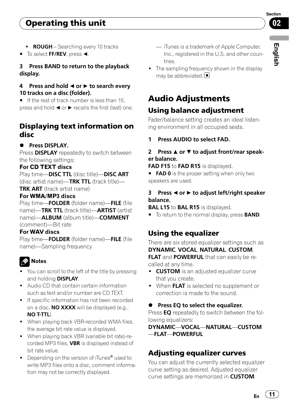 Displaying text information on disc 11, Audio adjustments, Using balance adjustment 11 | Using the equalizer 11, Adjusting equalizer curves 11, Operating this unit, Displaying text information on disc, Using balance adjustment, Using the equalizer, Adjusting equalizer curves | Pioneer DEH-1900MP User Manual | Page 11 / 52