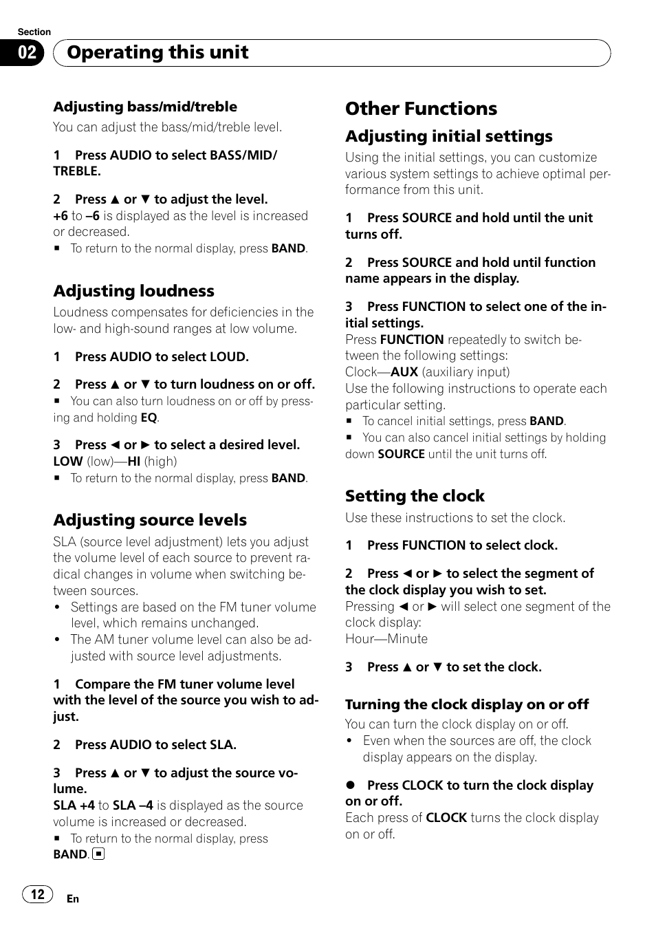 Adjusting loudness 12, Adjusting source levels 12, Other functions | Adjusting initial settings 12, Setting the clock 12, Operating this unit, Adjusting loudness, Adjusting source levels, Adjusting initial settings, Setting the clock | Pioneer DEH-1900MP User Manual | Page 12 / 52