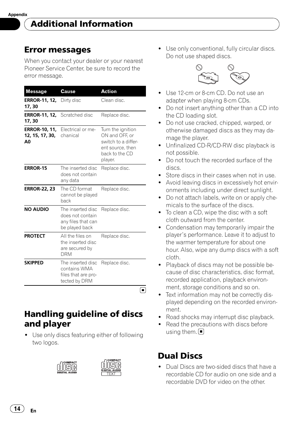 Additional information error messages, Handling guideline of discs and player, Dual discs | Error messages, Additional information | Pioneer DEH-1900MP User Manual | Page 14 / 52