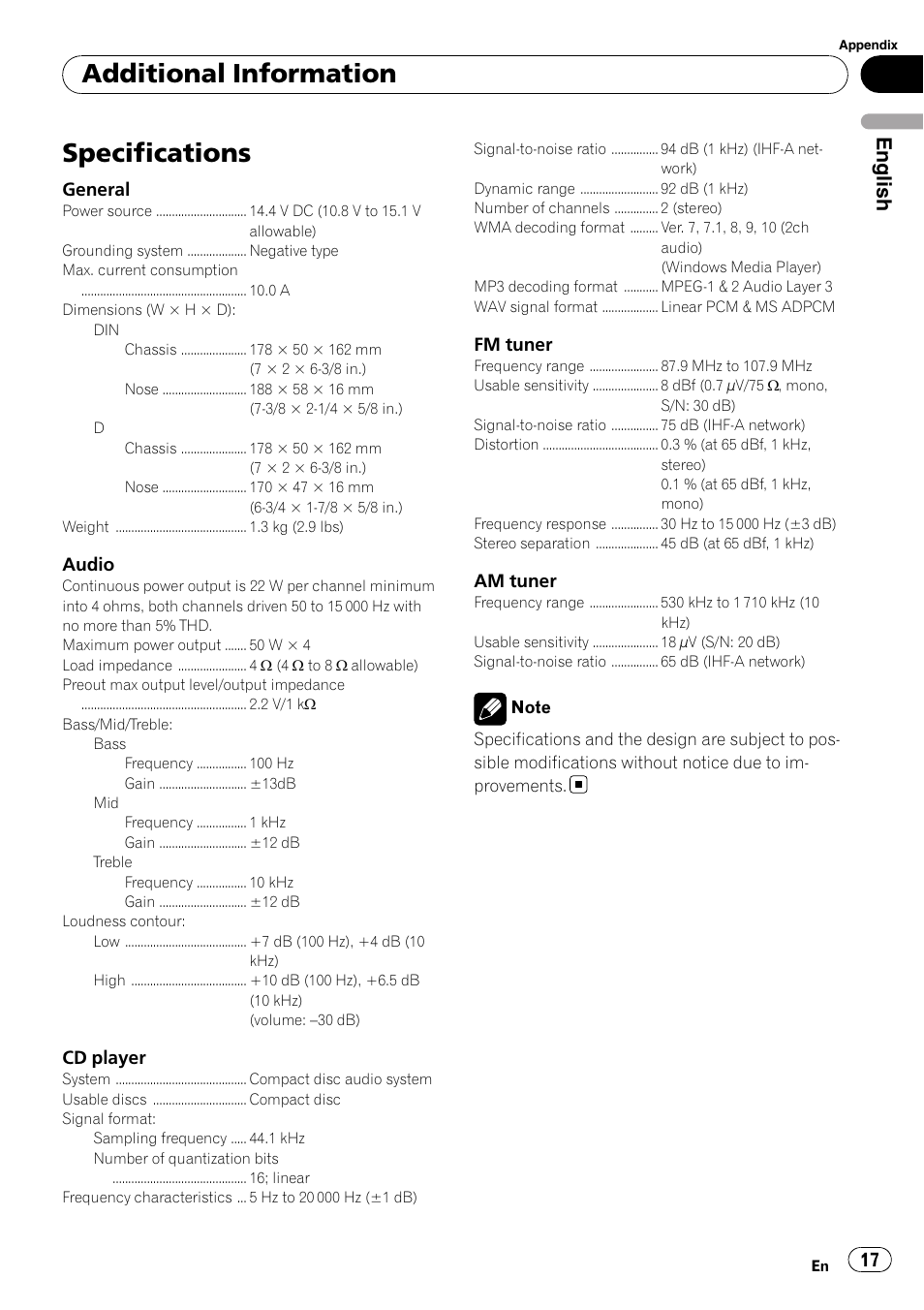 Specifications, Additional information, English | Pioneer DEH-1900MP User Manual | Page 17 / 52