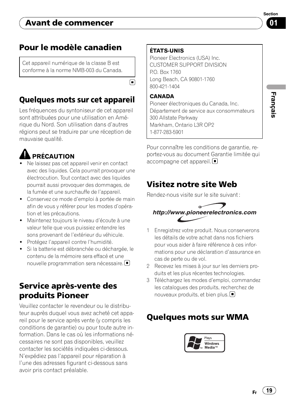 Avant de commencer, Pour le modèle canadien, Quelques mots sur cet appareil | Service après-vente des produits pioneer, Visitez notre site web, Quelques mots sur wma, Quelques mots sur wma avant de commencer | Pioneer DEH-1900MP User Manual | Page 19 / 52