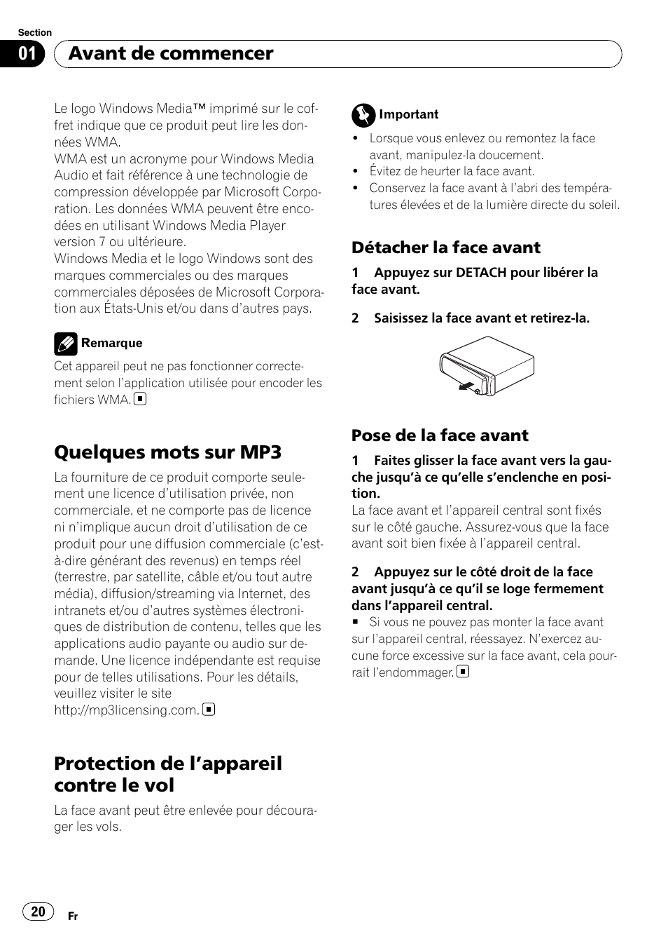 Quelques mots sur mp3, Protection de l, Appareil contre le vol 20 | Détacher la face avant 20, Pose de la face avant 20, Protection de l ’appareil contre le vol, Avant de commencer | Pioneer DEH-1900MP User Manual | Page 20 / 52