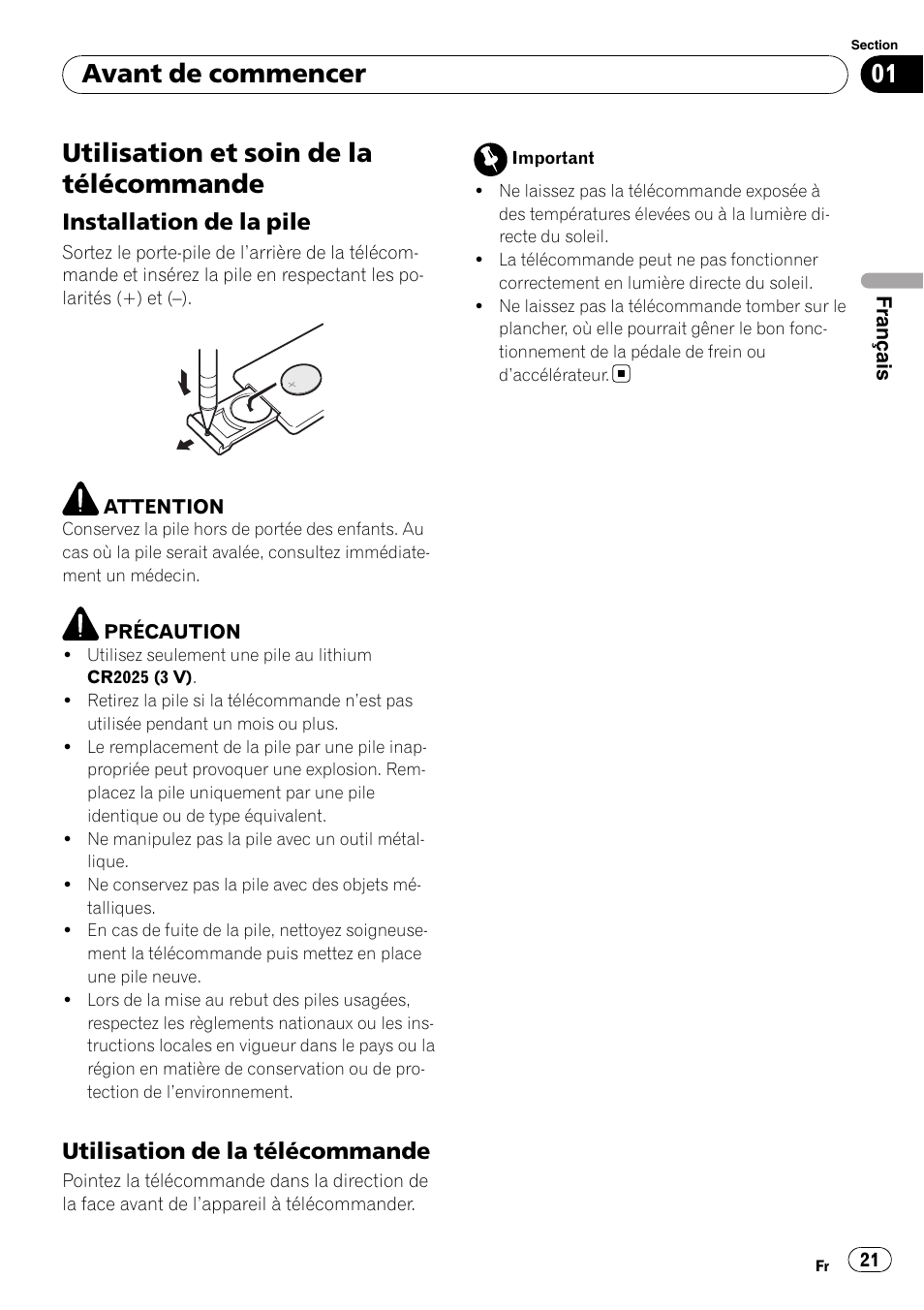 Utilisation et soin de la télécommande, Installation de la pile 21, Utilisation de la télécommande 21 | Avant de commencer, Installation de la pile, Utilisation de la télécommande | Pioneer DEH-1900MP User Manual | Page 21 / 52