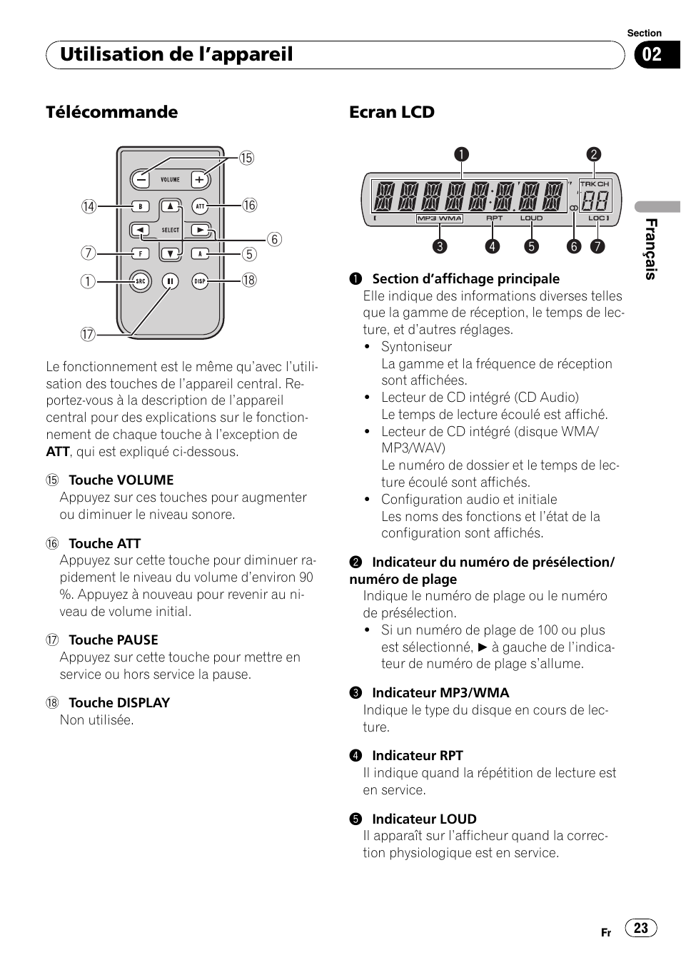 Télécommande 23, Ecran lcd 23, Utilisation de l ’appareil | Pioneer DEH-1900MP User Manual | Page 23 / 52