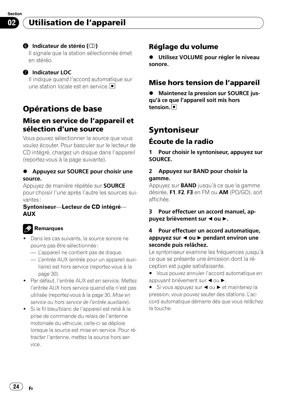 Opérations de base, Mise en service de l’appareil et, Sélection d | Une source 24, Réglage du volume 24, Mise hors tension de l’appareil 24, Syntoniseur, Écoute de la radio 24, Utilisation de l ’appareil | Pioneer DEH-1900MP User Manual | Page 24 / 52