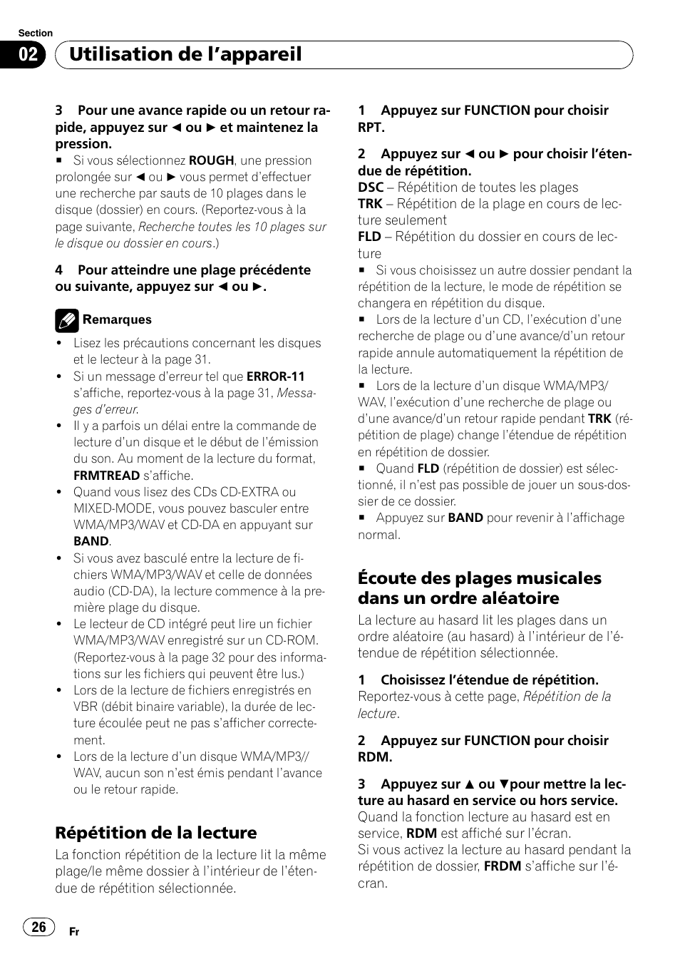 Répétition de la lecture 26, Écoute des plages musicales dans un, Ordre aléatoire | Utilisation de l ’appareil, Répétition de la lecture | Pioneer DEH-1900MP User Manual | Page 26 / 52