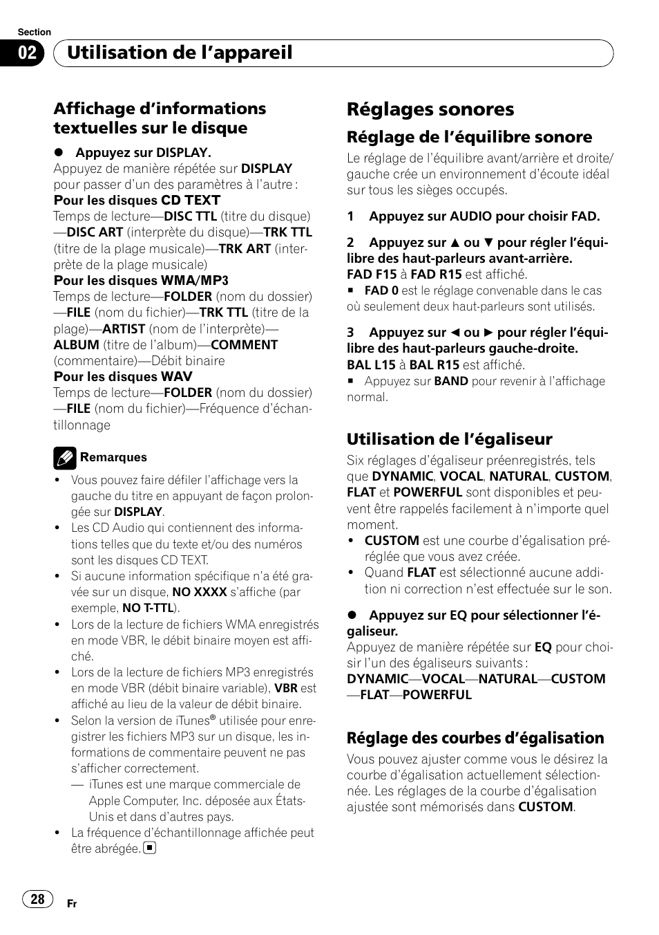 Affichage d’informations textuelles sur, Le disque, Réglages sonores | Réglage de l’équilibre sonore 28, Utilisation de l’égaliseur 28, Réglage des courbes d’égalisation 28, Utilisation de l ’appareil, Affichage d ’informations textuelles sur le disque, Réglage de l ’équilibre sonore, Utilisation de l ’égaliseur | Pioneer DEH-1900MP User Manual | Page 28 / 52