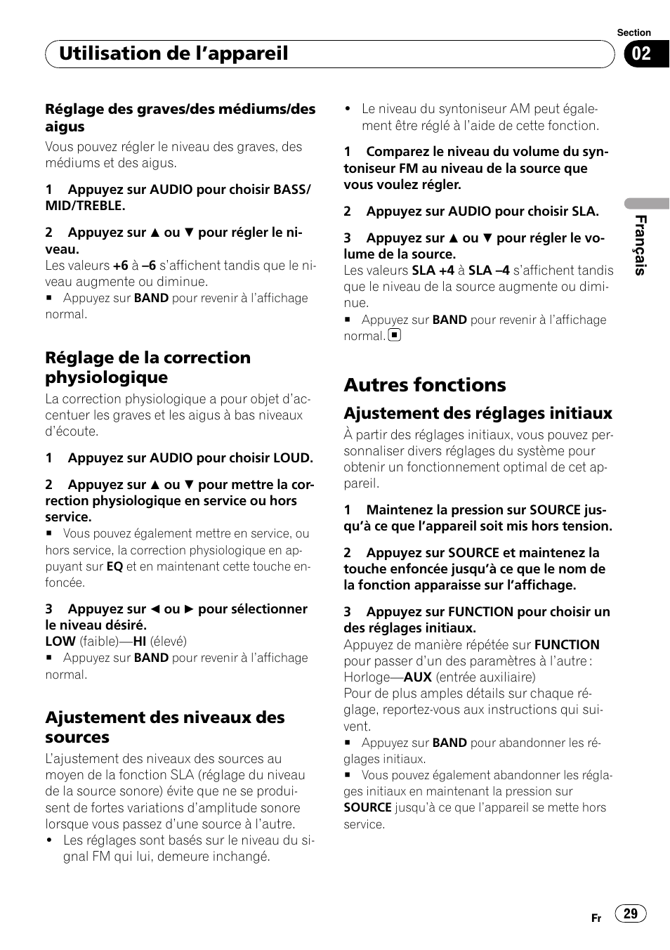 Réglage de la correction, Physiologique, Ajustement des niveaux des | Sources, Autres fonctions, Ajustement des réglages initiaux 29, Utilisation de l ’appareil, Réglage de la correction physiologique, Ajustement des niveaux des sources, Ajustement des réglages initiaux | Pioneer DEH-1900MP User Manual | Page 29 / 52