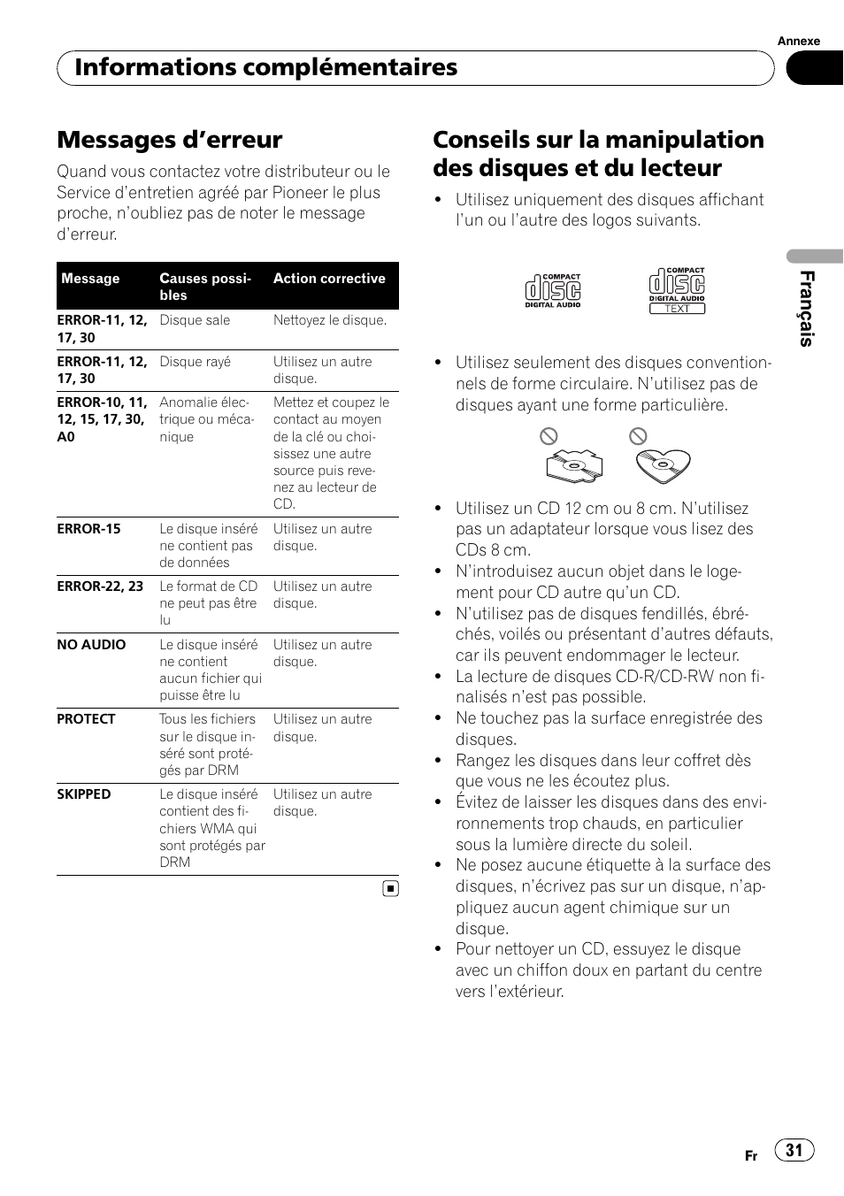 Informations complémentaires messages d, Erreur 31, Conseils sur la manipulation des disques et | Du lecteur, Ges d, Erreur, Messages d ’erreur, Informations complémentaires | Pioneer DEH-1900MP User Manual | Page 31 / 52