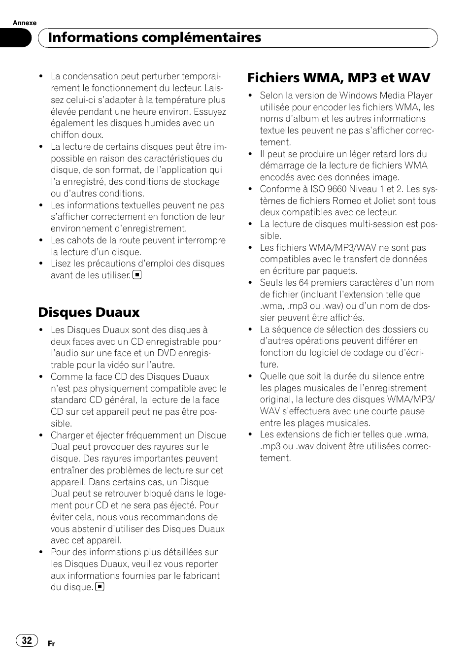 Disques duaux, Fichiers wma, mp3 et wav, Informations complémentaires | Pioneer DEH-1900MP User Manual | Page 32 / 52