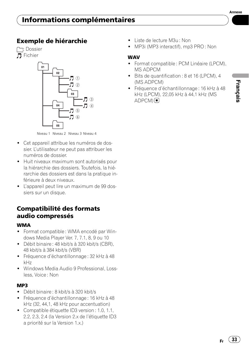 Exemple de hiérarchie 33, Compatibilité des formats audio, Compressés | Informations complémentaires, Exemple de hiérarchie, Compatibilité des formats audio compressés | Pioneer DEH-1900MP User Manual | Page 33 / 52