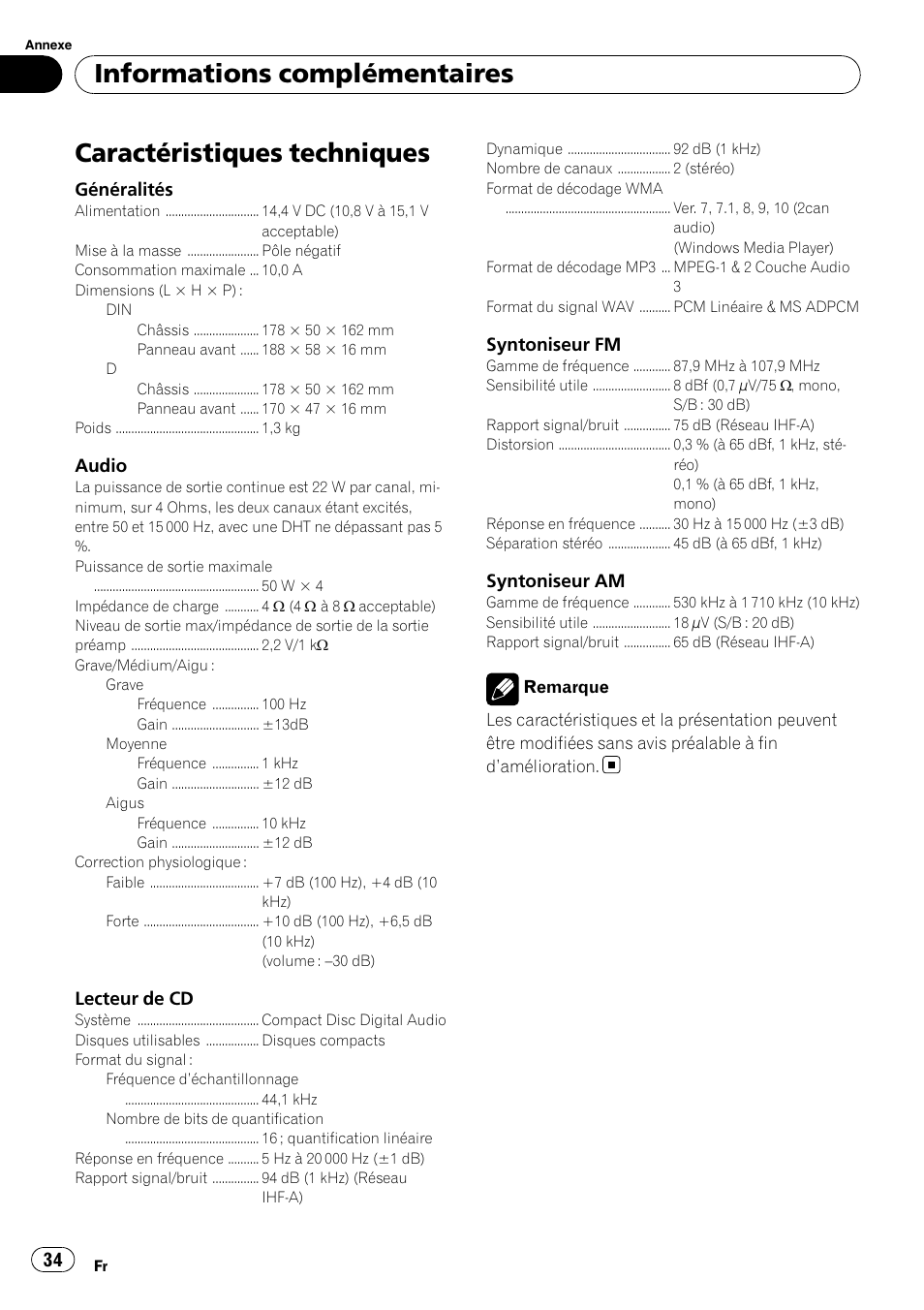Caractéristiques techniques, Informations complémentaires | Pioneer DEH-1900MP User Manual | Page 34 / 52