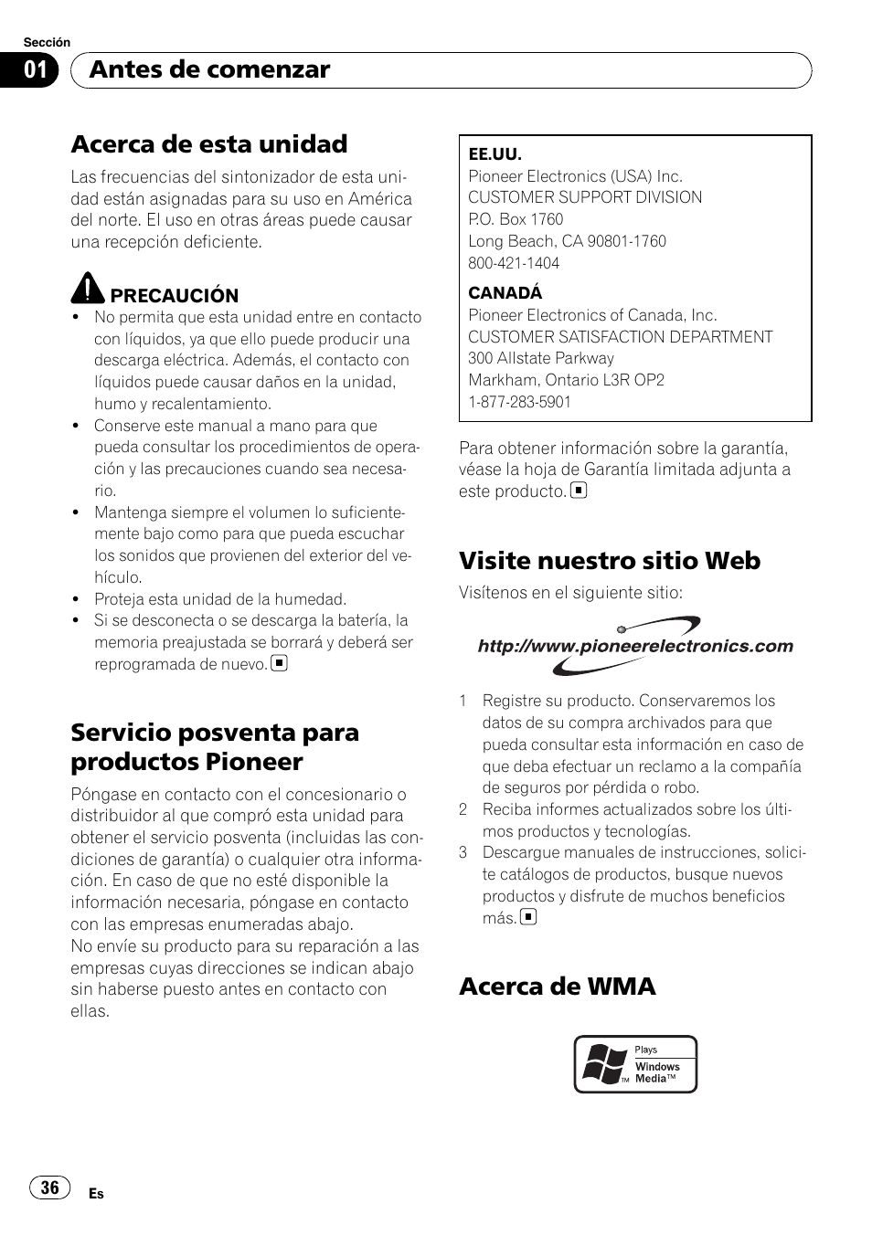 Antes de comenzar, Acerca de esta unidad, Servicio posventa para productos | Pioneer, Visite nuestro sitio web, Acerca de wma, Servicio posventa para productos pioneer, Acerca de wma antes de comenzar | Pioneer DEH-1900MP User Manual | Page 36 / 52