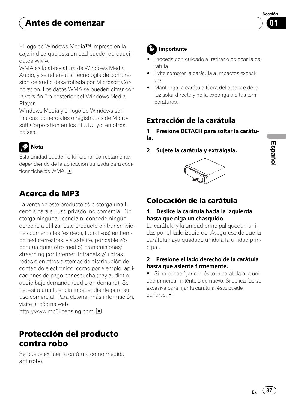 Acerca de mp3, Protección del producto contra robo, Extracción de la carátula 37 | Colocación de la carátula 37, Antes de comenzar | Pioneer DEH-1900MP User Manual | Page 37 / 52