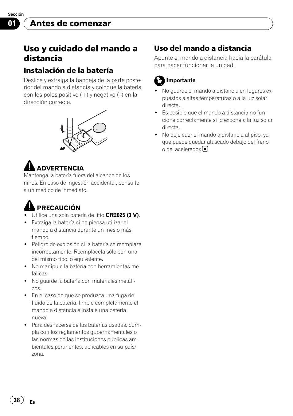 Uso y cuidado del mando a distancia, Instalación de la batería 38, Uso del mando a distancia 38 | Antes de comenzar, Instalación de la batería, Uso del mando a distancia | Pioneer DEH-1900MP User Manual | Page 38 / 52