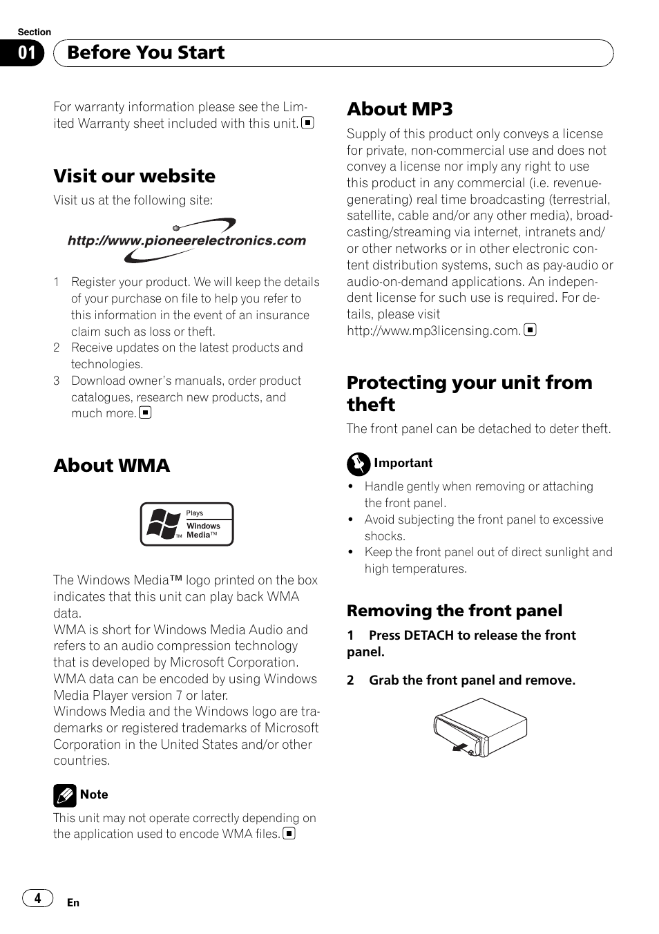 Visit our website, About wma, About mp3 | Protecting your unit from theft, Removing the front panel 4, Before you start | Pioneer DEH-1900MP User Manual | Page 4 / 52