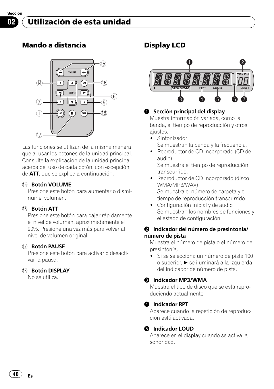 Mando a distancia 40, Display lcd 40, Utilización de esta unidad | Pioneer DEH-1900MP User Manual | Page 40 / 52