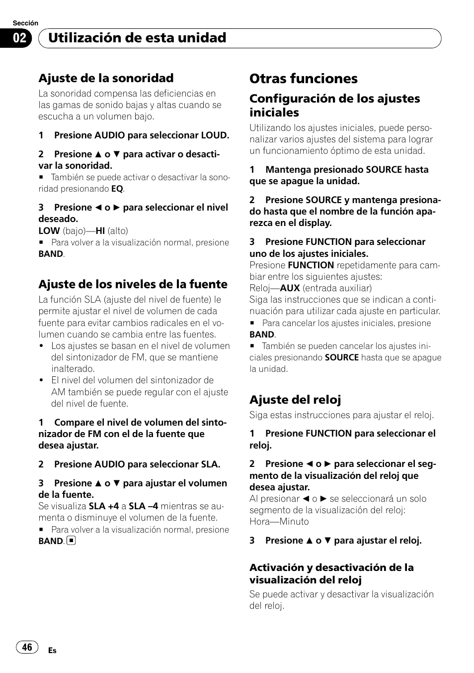 Ajuste de la sonoridad 46, Ajuste de los niveles de la fuente 46, Otras funciones | Configuración de los ajustes, Iniciales, Ajuste del reloj 46, Utilización de esta unidad, Ajuste de la sonoridad, Ajuste de los niveles de la fuente, Configuración de los ajustes iniciales | Pioneer DEH-1900MP User Manual | Page 46 / 52