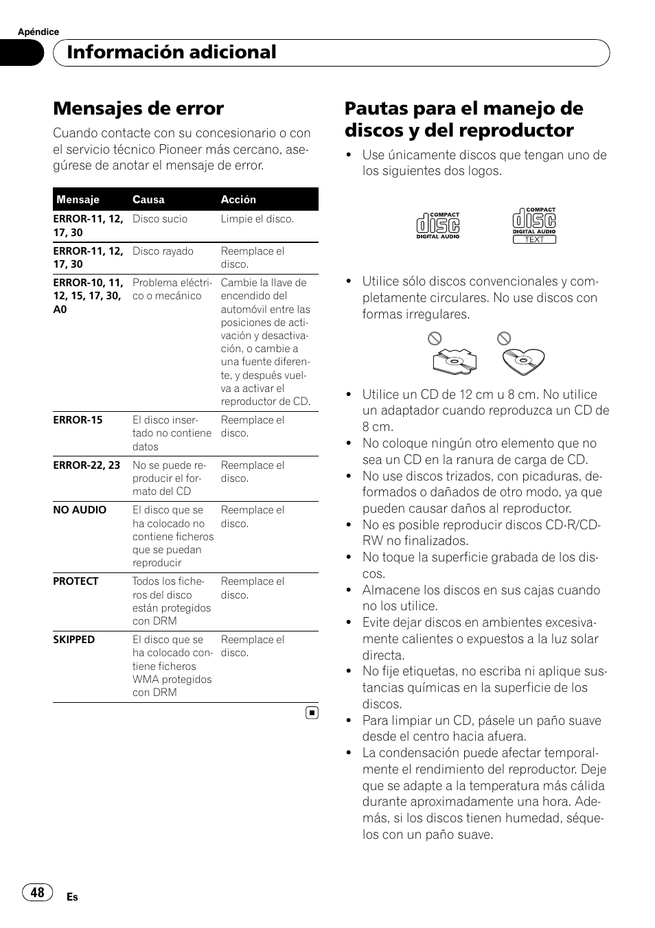 Información adicional mensajes de error, Pautas para el manejo de discos y del, Reproductor | Mensajes de error, Pautas para el manejo de discos y del reproductor, Información adicional | Pioneer DEH-1900MP User Manual | Page 48 / 52