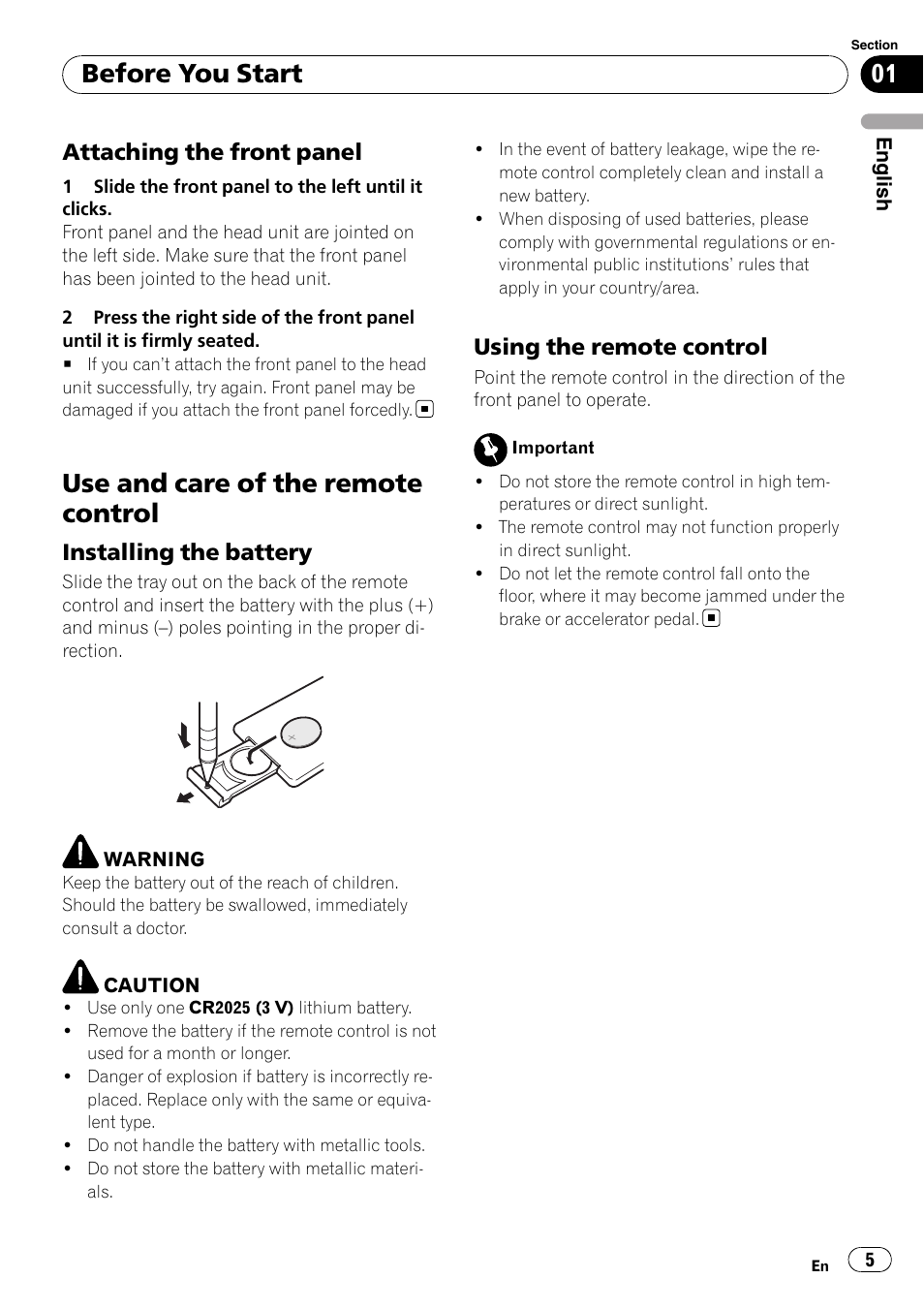 Attaching the front panel 5, Use and care of the remote control, Installing the battery 5 | Using the remote control 5, Before you start, Attaching the front panel, Installing the battery, Using the remote control | Pioneer DEH-1900MP User Manual | Page 5 / 52