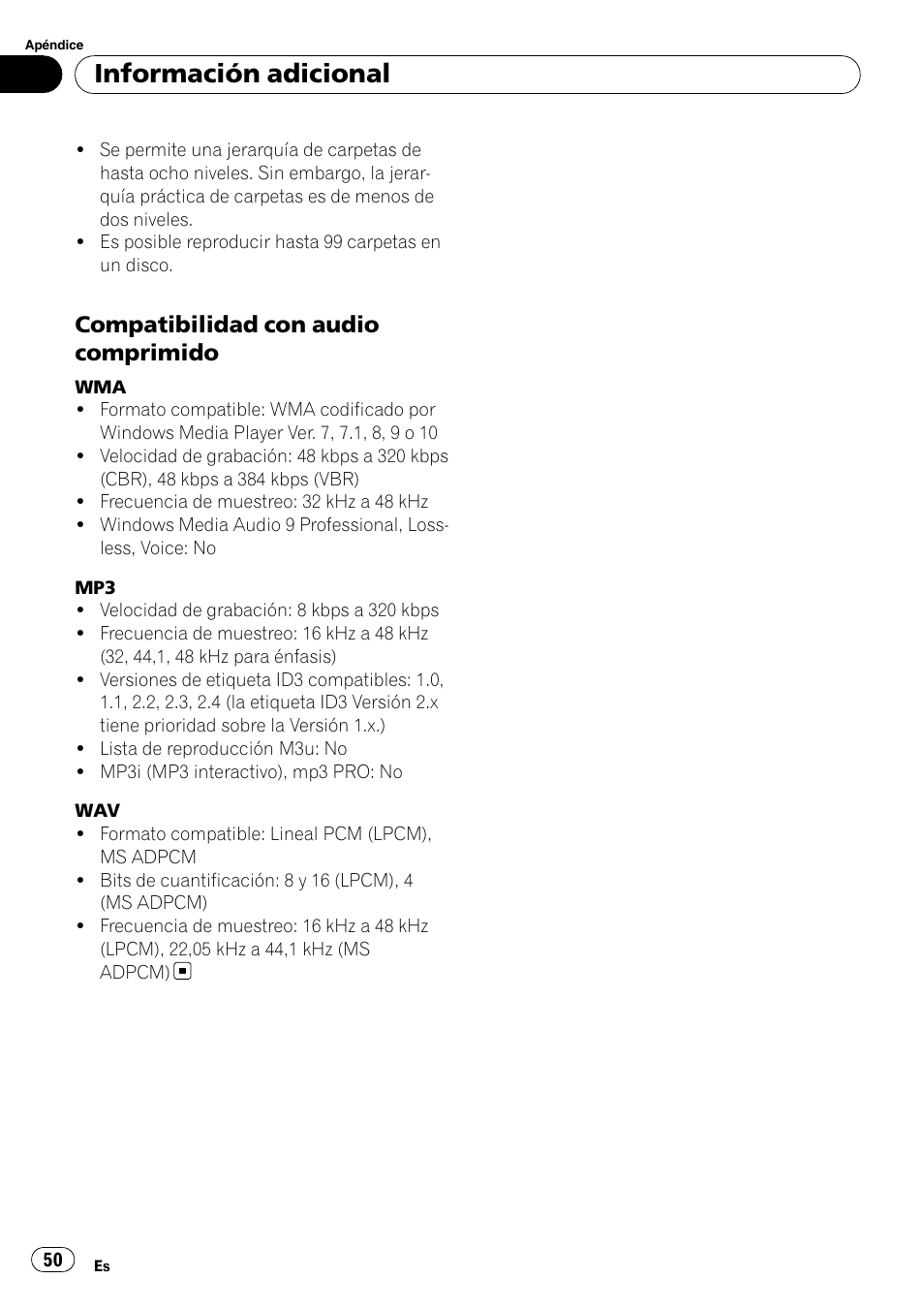 Compatibilidad con audio, Comprimido, Información adicional | Compatibilidad con audio comprimido | Pioneer DEH-1900MP User Manual | Page 50 / 52