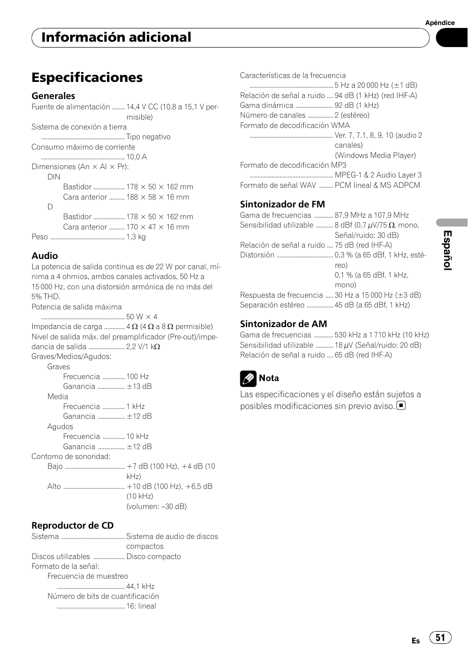 Especificaciones, Información adicional, Español | Pioneer DEH-1900MP User Manual | Page 51 / 52