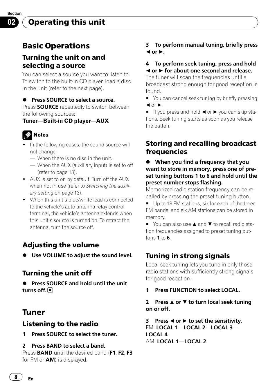 Basic operations, Turning the unit on and selecting a, Source | Adjusting the volume 8, Turning the unit off 8, Tuner, Listening to the radio 8, Storing and recalling broadcast, Frequencies, Tuning in strong signals 8 | Pioneer DEH-1900MP User Manual | Page 8 / 52