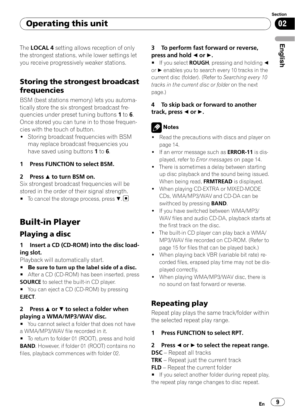 Storing the strongest broadcast, Frequencies, Built-in player | Playing a disc 9, Repeating play 9, Operating this unit, Storing the strongest broadcast frequencies, Playing a disc, Repeating play | Pioneer DEH-1900MP User Manual | Page 9 / 52