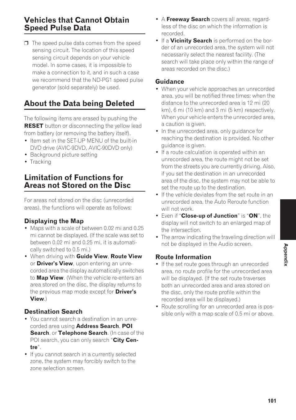 Vehicles that cannot obtain speed pulse, Data, The disc 101 | Vehicles that cannot obtain speed pulse data, About the data being deleted | Pioneer CNDV-40R User Manual | Page 103 / 120