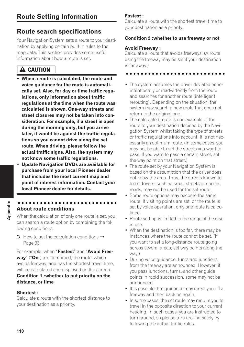 Route setting information, Route search specifications 110 | Pioneer CNDV-40R User Manual | Page 112 / 120