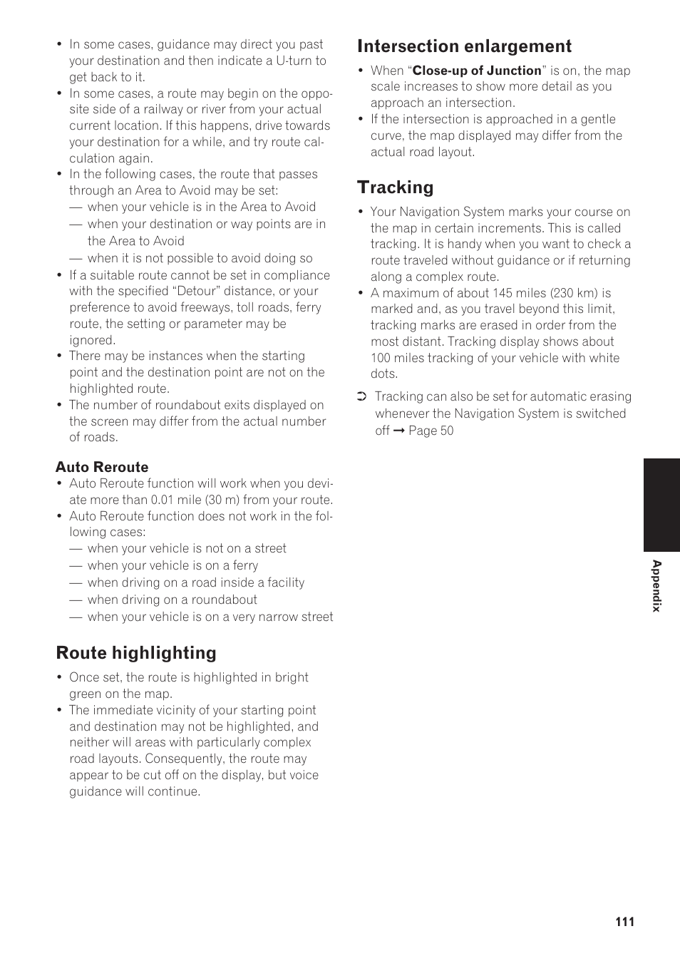 Route highlighting 111, Intersection enlargement, Tracking | Route highlighting | Pioneer CNDV-40R User Manual | Page 113 / 120