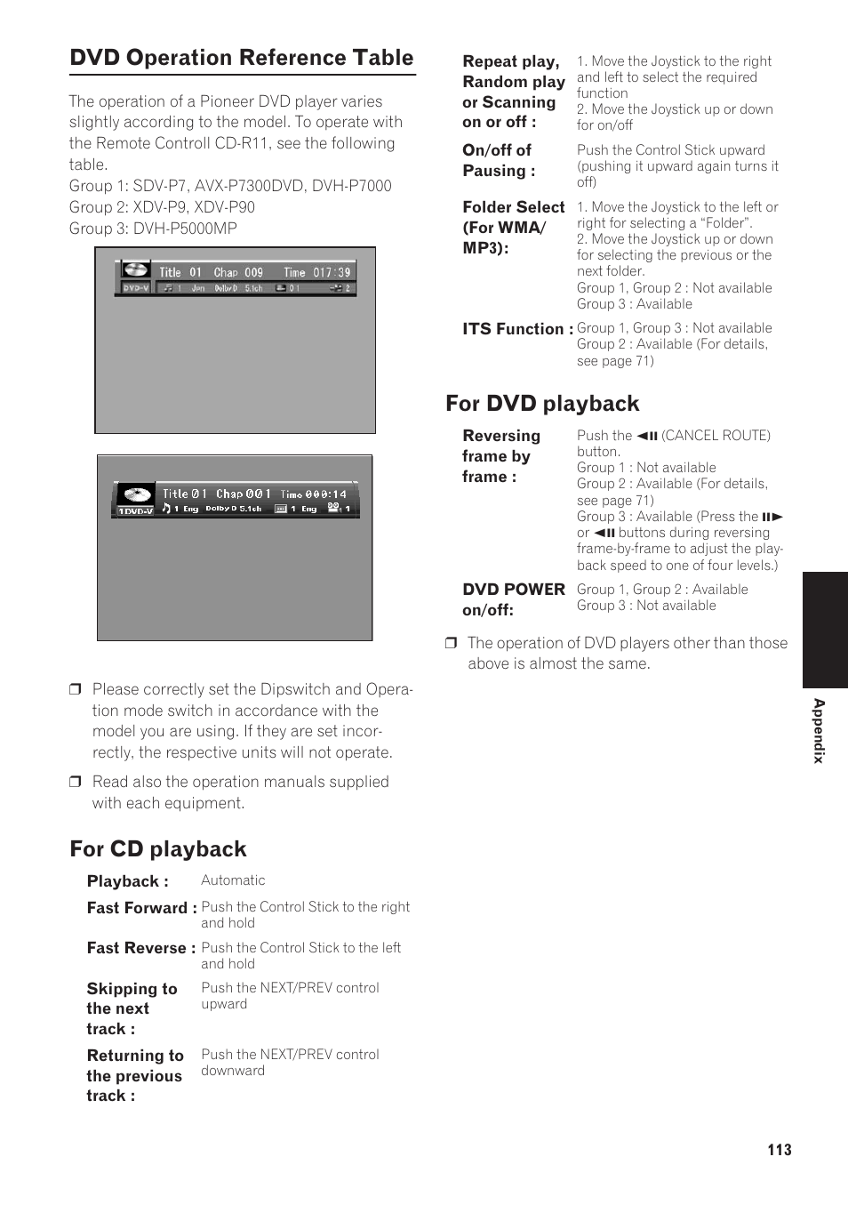 Dvd operation reference table, For cd playback, For dvd playback | For other equipment, see “dvd operation ref, For cd playback for dvd playback | Pioneer CNDV-40R User Manual | Page 115 / 120